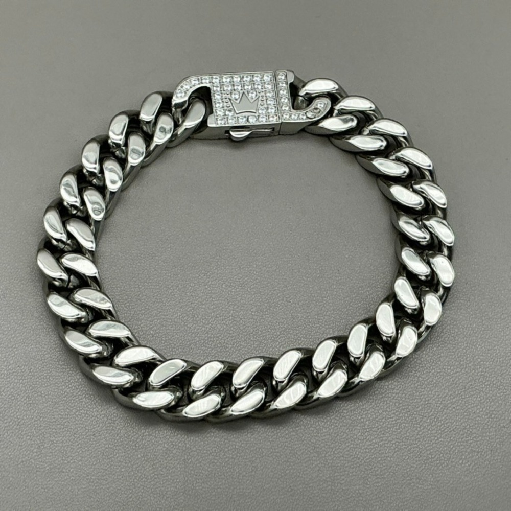 MAN-IQUE Mens Silver Cuban Link Crown CZ Bracelet 8"